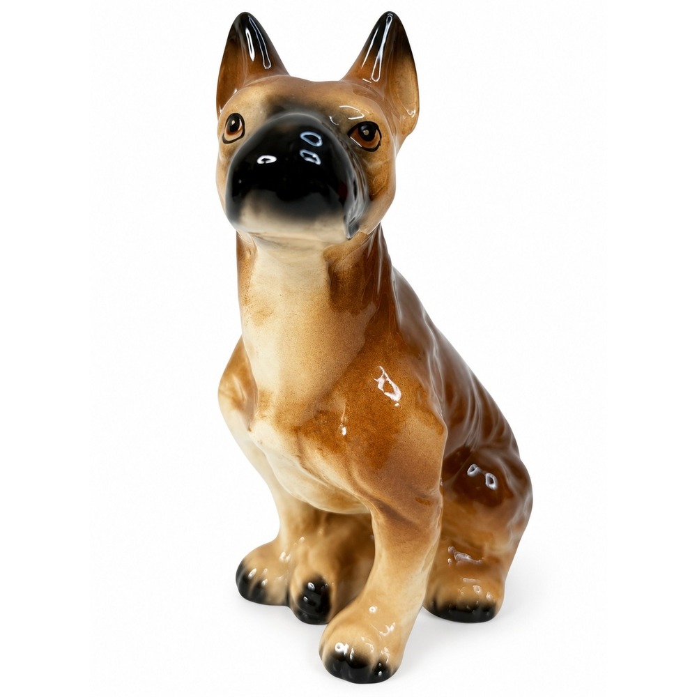 Vintage Boxer Puppy Sitting Dog Ceramic Figure Statue 6" Hand Painted Made Japan